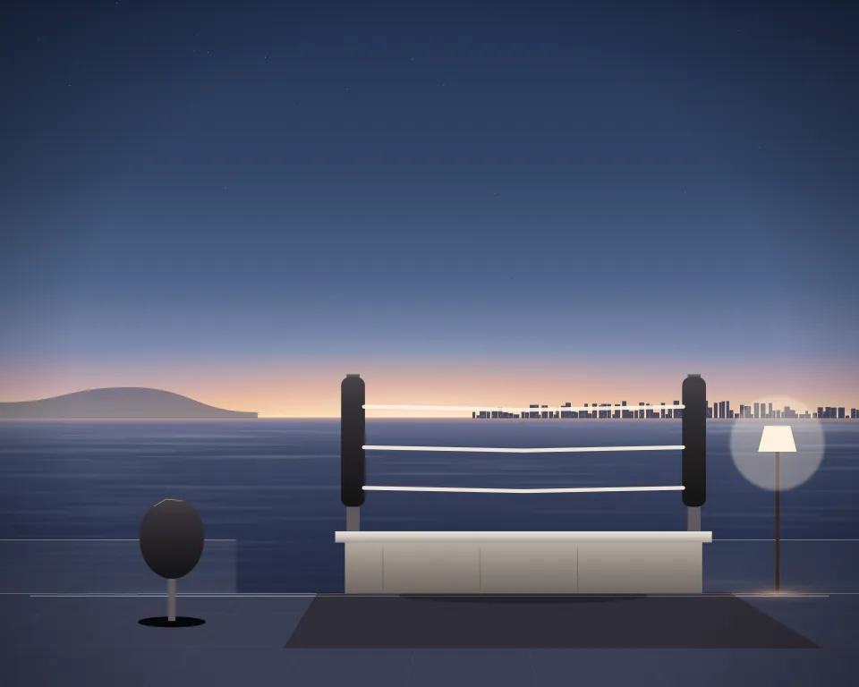 Illustration: a raised training ring with canvas apron and padded corners, with teardrop in a second practice bay in a generic beach deck, a tall station at the right, at late blue hour. Generic artwork, not a depiction of a listed venue.