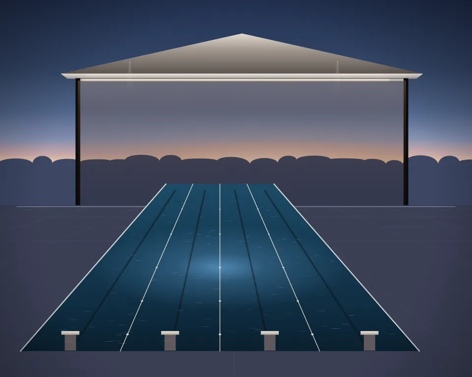 Illustration: a lap pool with distinct lane ropes, starting blocks and submerged blue lighting in a generic open training canopy, a tall station at the right, at late blue hour. Generic artwork, not a depiction of a listed venue.