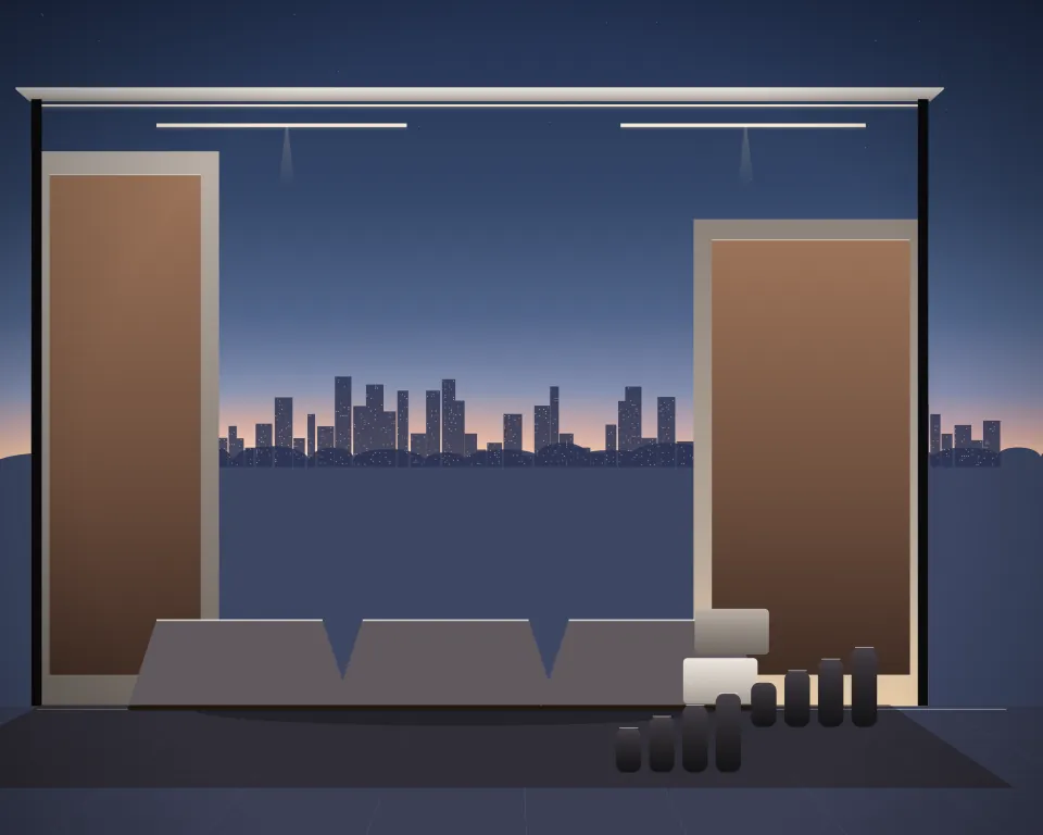 Illustration: yoga mats and blocks, with rollers in a second practice bay in a generic urban courtyard, a low equipment panorama, at late blue hour. Generic artwork, not a depiction of a listed venue.