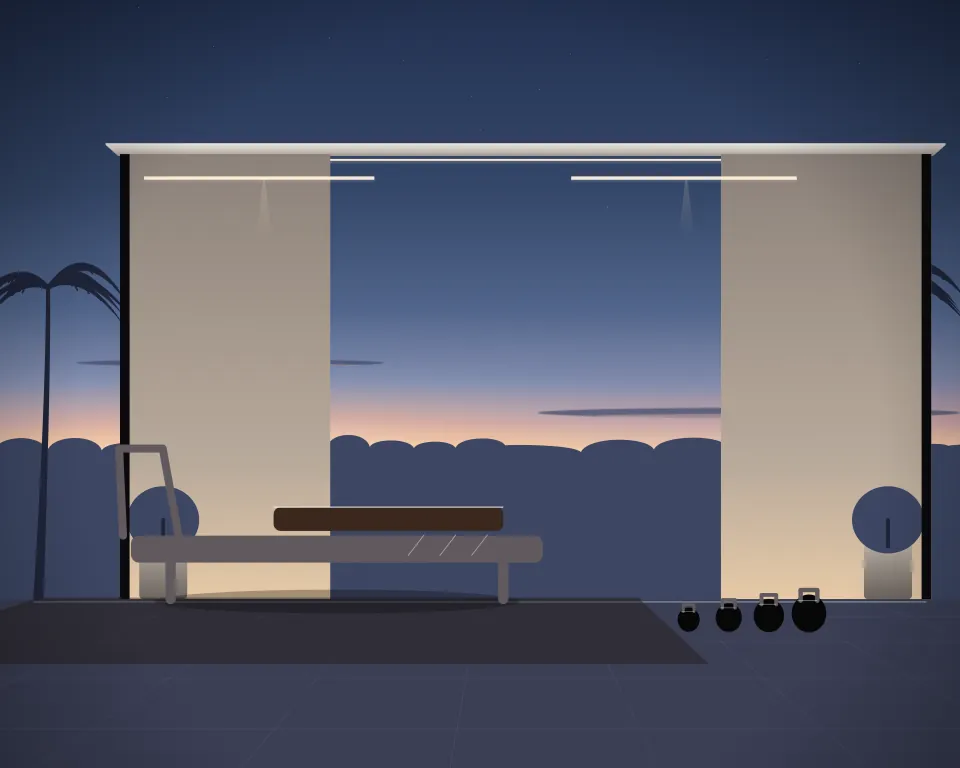 Illustration: a Pilates reformer with carriage and footbar, with kettlebells in a second practice bay in a generic garden studio, an offset equipment view, at late blue hour. Generic artwork, not a depiction of a listed venue.