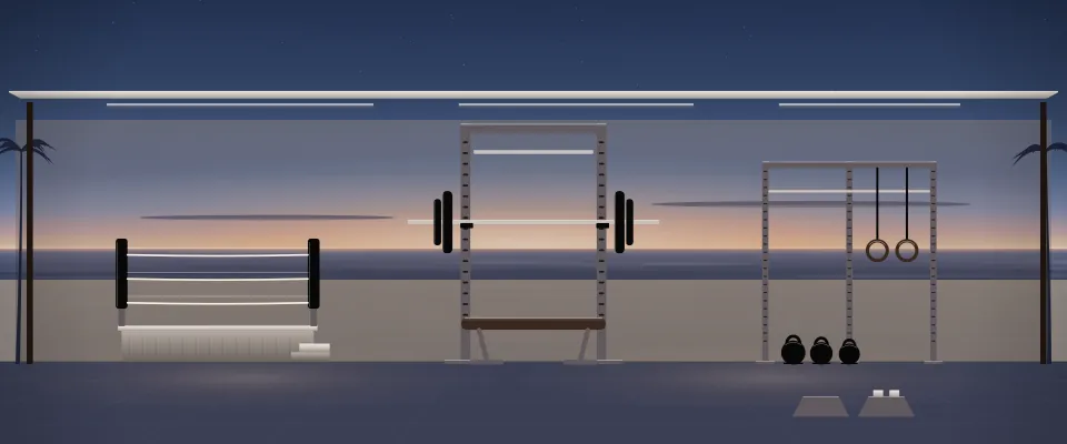 Illustration: a coastal training pavilion connecting Muay Thai, strength and functional-training bays, with mats ready on the floor at blue hour; generic setting, not a depiction of a listed venue.
