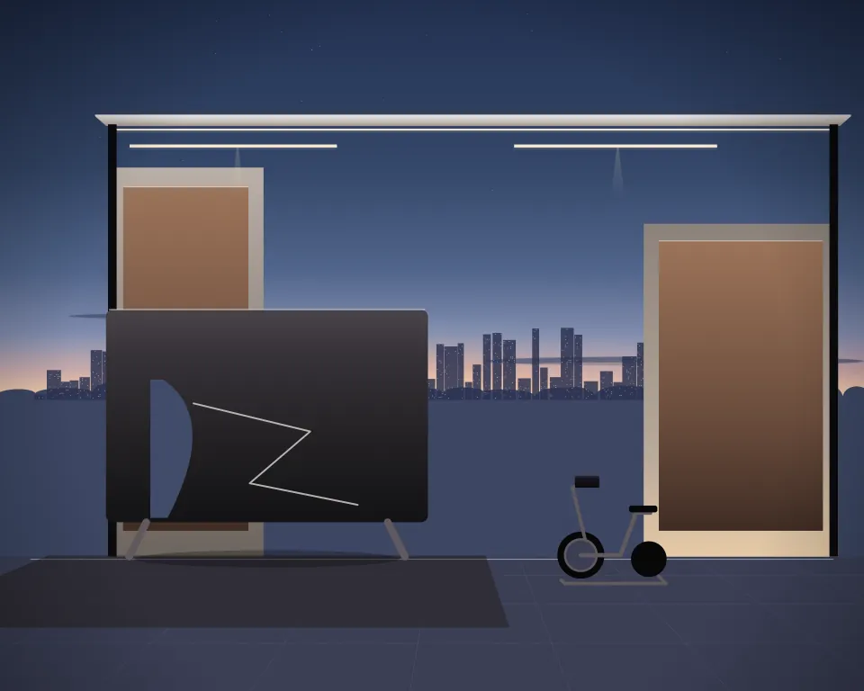 Illustration: an abstract coastal route board and a parked exercise bicycle in a generic urban courtyard, three separate practice zones, at late blue hour. Generic artwork, not a depiction of a listed venue.