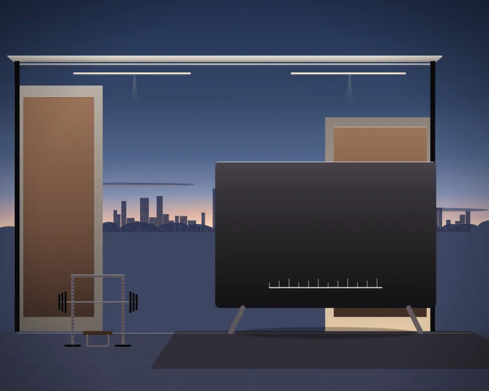 Illustration: a measuring station and an unlettered equipment-check board beside a power rack in a generic urban courtyard, a tall station at the right, at early blue hour. Generic artwork, not a depiction of a listed venue.