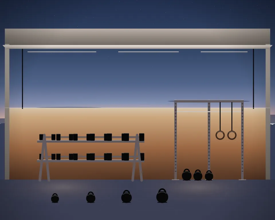 Illustration: a strength room with dumbbells arranged by size, kettlebells and a pull-up rig; no numerical claims at blue hour; generic setting, not a depiction of a listed venue.