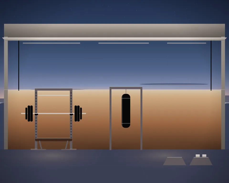Illustration: a connected weights bay, bag-work station and mat space, suggesting a choice of training sessions at blue hour; generic setting, not a depiction of a listed venue.