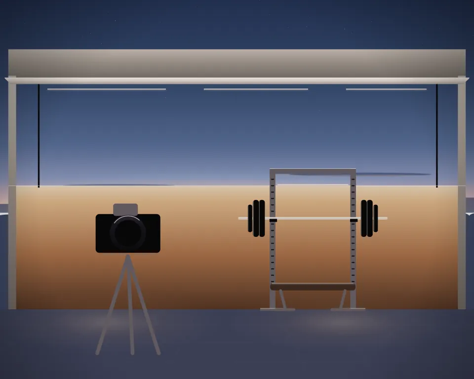 Illustration: a camera on a tripod facing a generic gym rack, with an empty floor and no people at blue hour; generic setting, not a depiction of a listed venue.