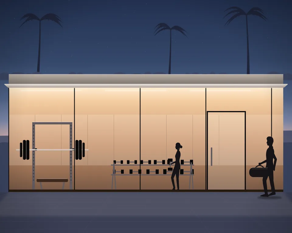 Illustration: a gym at dusk seen from the street, a power rack with a loaded barbell, a bench and a dumbbell rack behind the lit glass front, a woman training with a dumbbell and a man walking in with his gym bag
