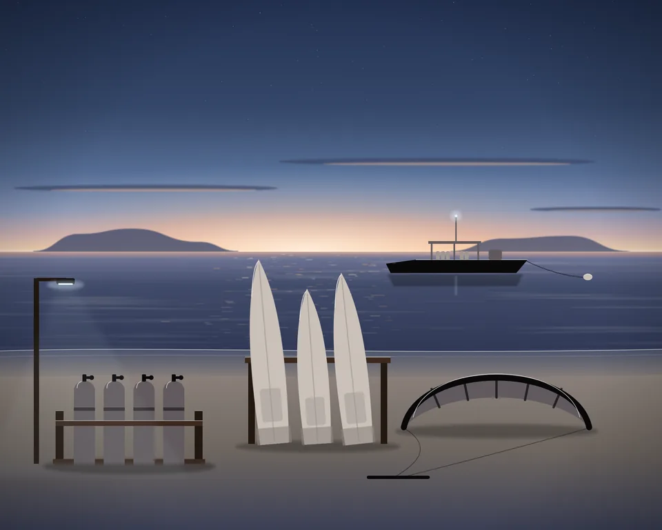 Illustration: a beach at dusk with boards on a rail, a kite, dive tanks in a rack and a boat offshore.