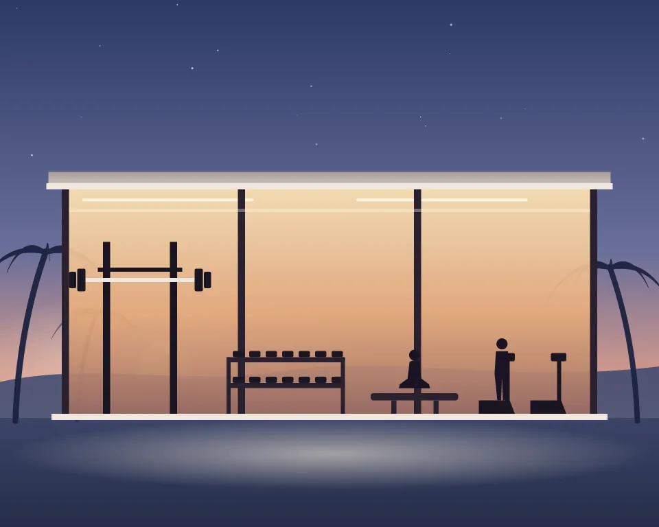 Drawn scene: a gym hall at dawn with a squat rack, dumbbells and treadmills.
