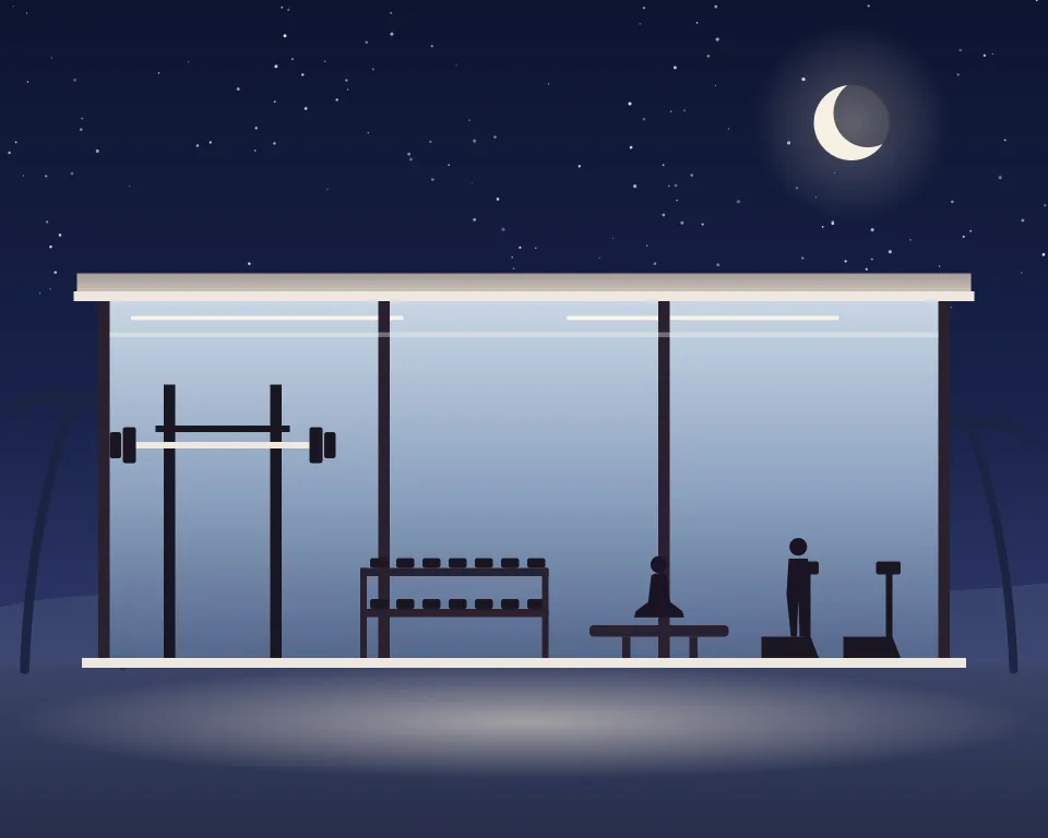 Drawn scene: a gym hall at night with a squat rack, dumbbells and treadmills.