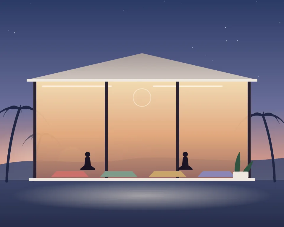 Drawn scene: a calm open studio with yoga mats at dawn.