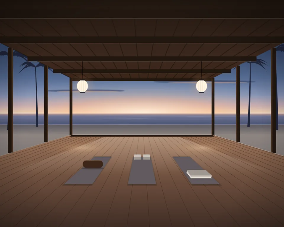 Illustration: an open yoga pavilion by the sea at dusk, with mats, blocks and warm lanterns.