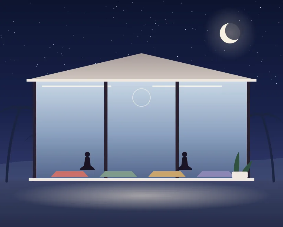 Drawn scene: a calm open studio with yoga mats at night.