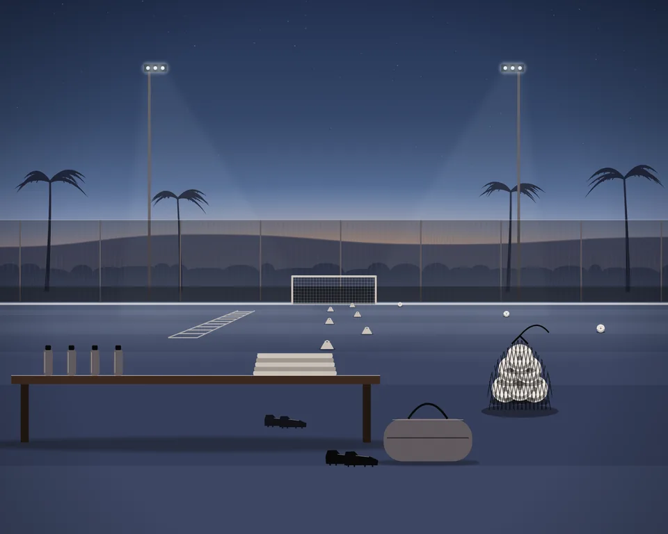 Illustration: a small fenced football pitch at dusk with cones, an agility ladder and a mini goal.