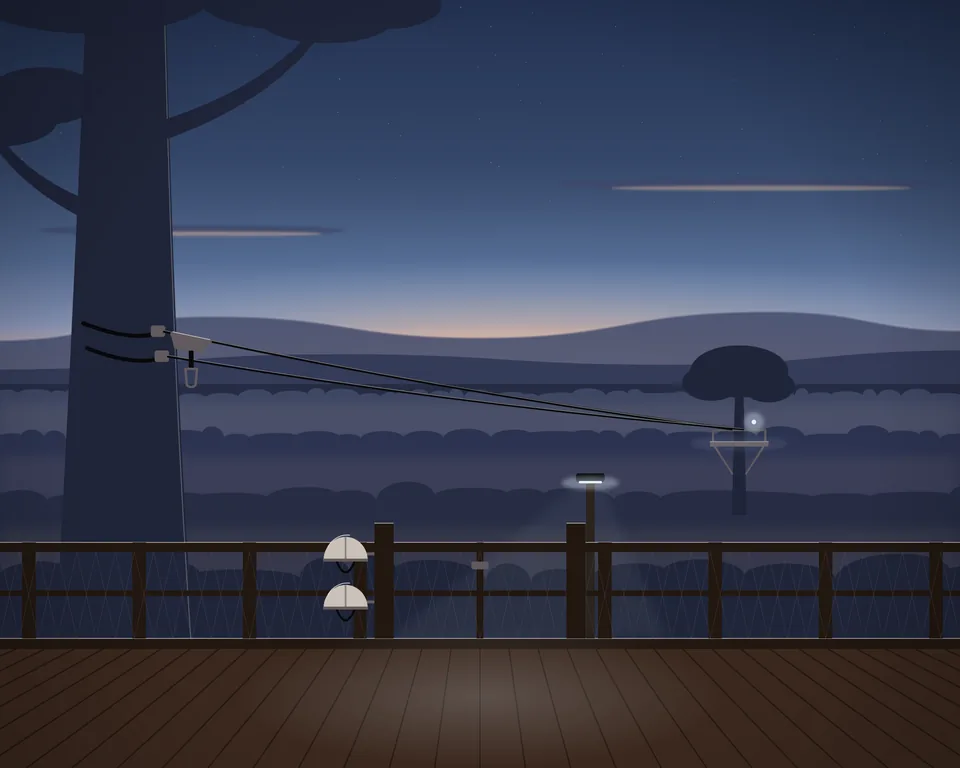 Illustration: a gated zipline platform anchored around a tree at dusk, with cables over the treetops.