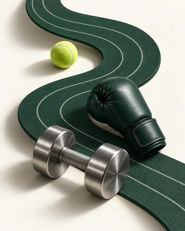 Sports illustration: a forest-green running track, boxing glove, tennis ball and steel dumbbell
